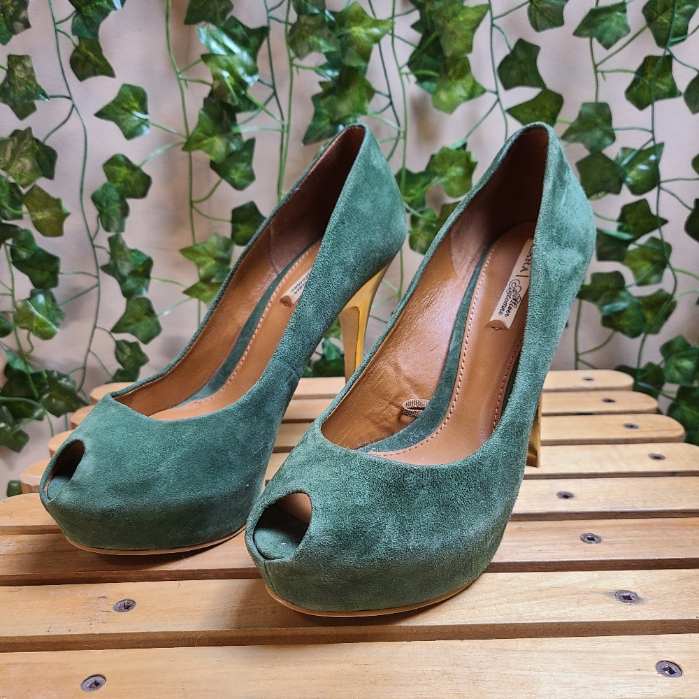 Zara Women's Faux Suede Green Gold Platform Evening Peep Toe Heel